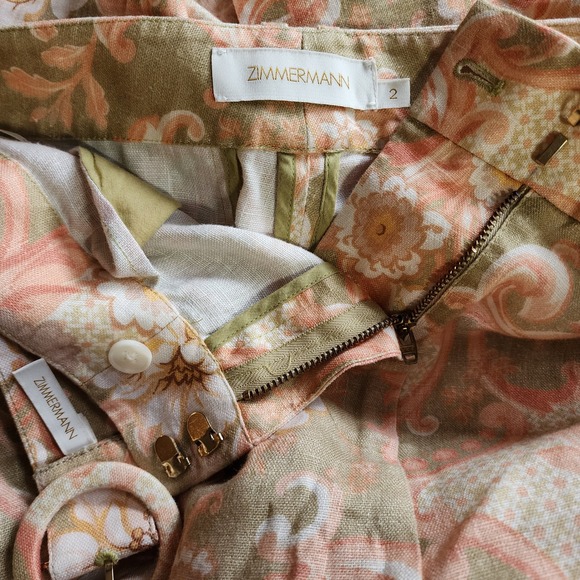 Zimmermann Size 2 Tropical Pants Wide Leg Cropped Belted Linen Blend Floral - Picture 8 of 10